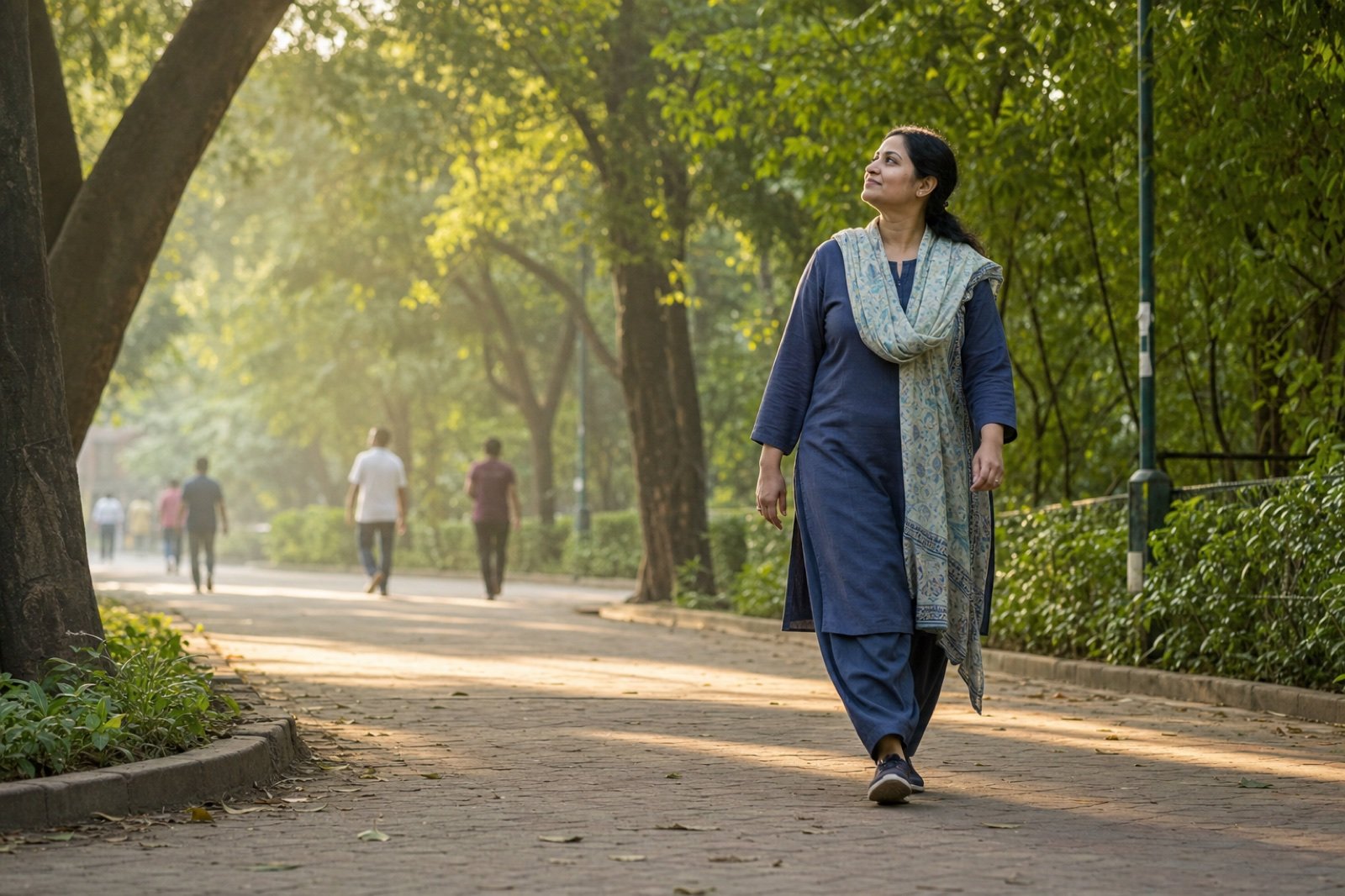 ঢাকার সবুজ পার্কে সচেতনভাবে হাঁটছেন একজন বাংলাদেশি নারী